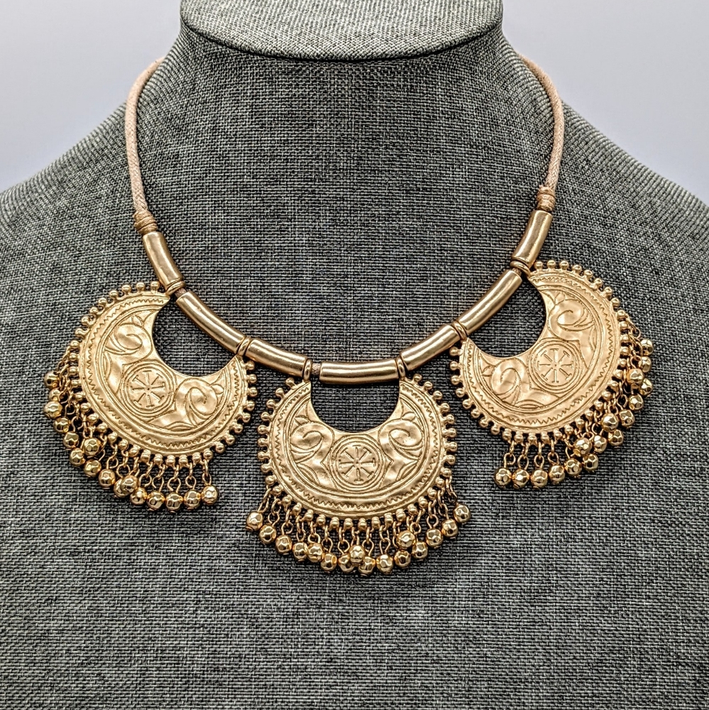 Chico's Gold Textured Three Pendant Bib Necklace